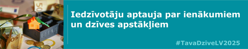 Attēls ar atslēgām, atslēgu piekariņu mājas formā, teksts ar aptaujas nosaukumu