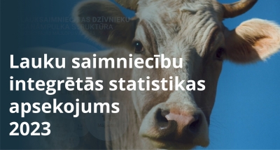 Attēls ar govi un tekstu: "Lauku saimniecību integrētās statistikas apsekojums 2023"