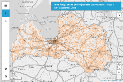 Karte - Iedzīvotāju skaits 1 km² režģa šūnās 2021. gada sākumā